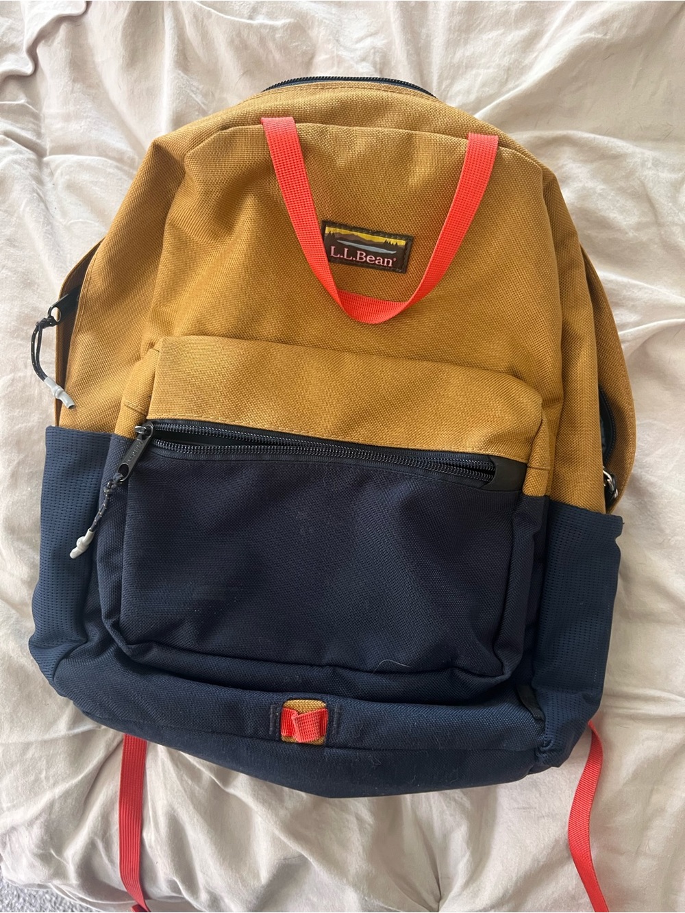 L.L. Bean Two-Tone Mustard and Navy Backpack with Red Accents